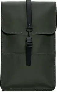 Stylish dark green backpack with buckle closure.